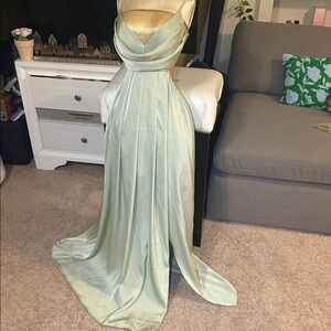 Hello Molly Pale Sage Green Satin Cowl Neck Evening Gown